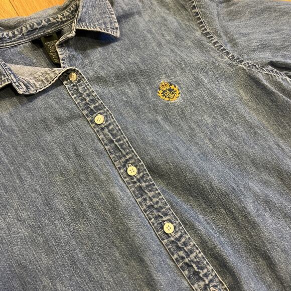 90s Ralph Lauren Blue Denim Button Down Shirt Crown Logo Pocket Womens Large - Picture 2 of 14